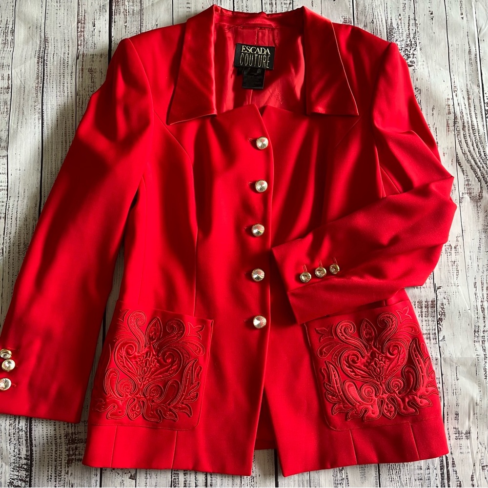 VTG 80S ESCADA COUTURE WOOL JACKET BLAZER RED /GOLD DIAMOND BUTTONS / MINT 42